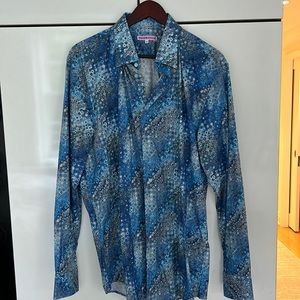 Blue stretchy cotton button down shirt, neck size 17